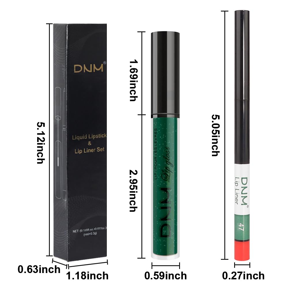 evpct 2Pcs Emerald Green Shimmer Glitte Liquid Lipstick Lip Gloss Stain and Retractable Lip Liner Makeup Set for Women Long Lasting Waterproof 24 Hours Lipstick labial mate larga duracion 24 47#