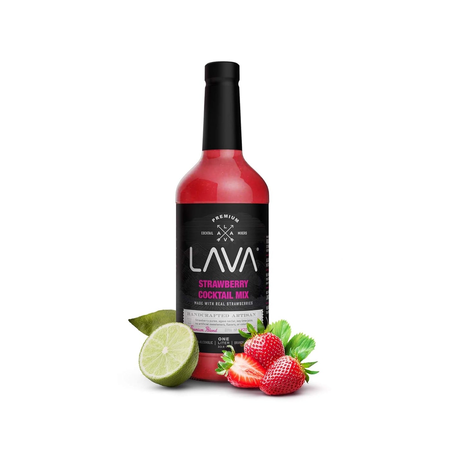 LAVA Premium Strawberry Margarita Mix Strawberry Daiquiri Mix, Made with Real Strawberries, Agave, Key Lime, No Artificial Sweeteners, Lots of Flavor, Ready to Use, 1-Liter (33.8oz) Glass Bottle