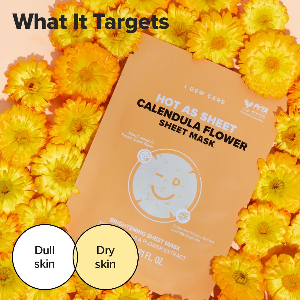 I DEW CARE Korean Glass Skin Real Herb Calendula Sheet Mask - Hot As Sheet Mask | Face Masks Skincare, Moisturizing and Calming for Dry Skin with Calendula Flower Extract, 2% Niacinamide, Kbeauty,10EA