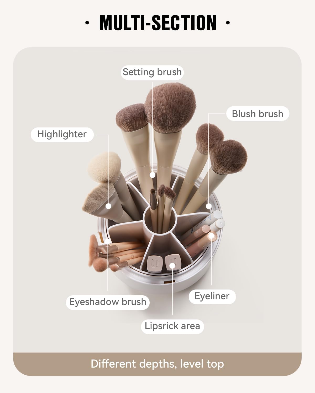 EACHY Makeup Brush Holder 360° Rotating with Dustproof Lid, Waterproof Material, 7 Compartments for Organized Storage, Stylish and Durable Design for Vanity (Pink)