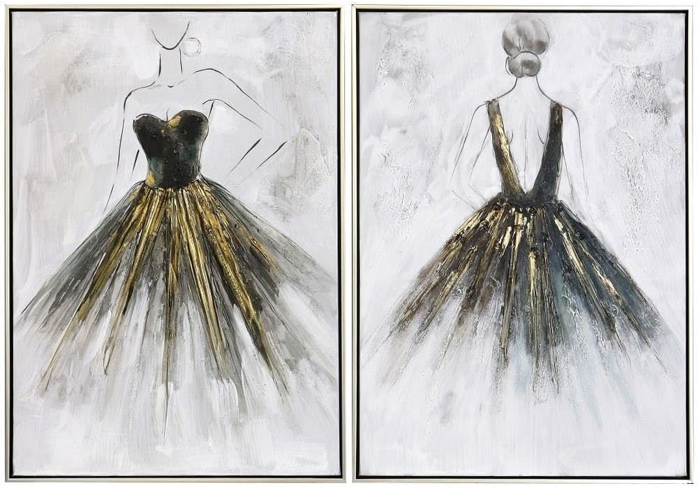 Ballet Lady - Hand Painted Canvas - Muted Color Palette - Silver, Black Frame - Set of 2