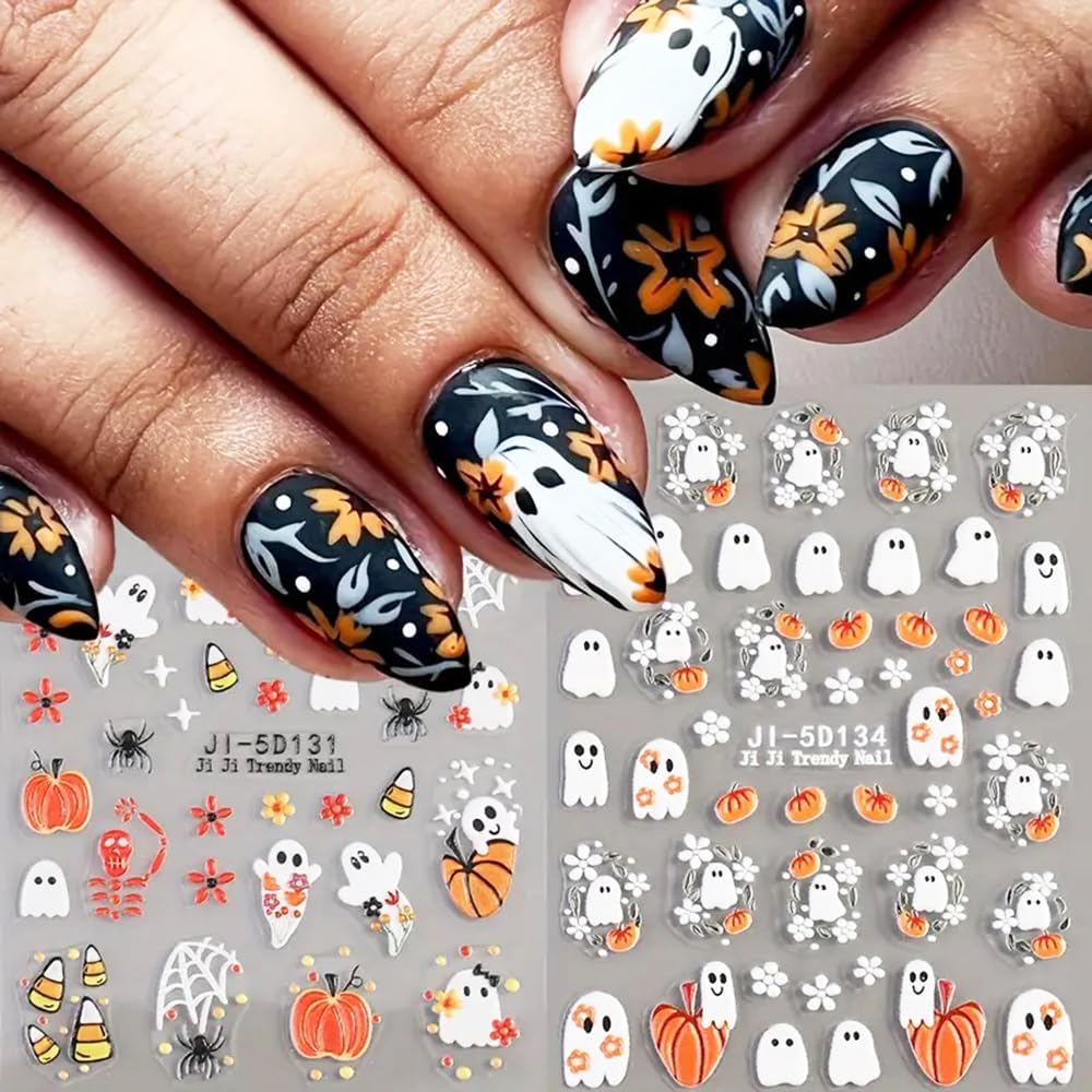 Halloween Nail Stickers Ghost Pumpkin Nail Art Stickers - 5D Embossed Nail Decals, 2 PCS Cute Cartoon Flower Spider Web Candy Designs, Adhesive Sliders for DIY Decorations