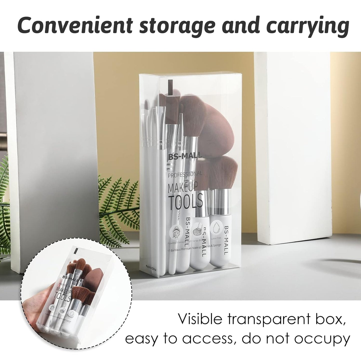 BS-MALL Makeup Brush Set 11Pcs Bamboo Synthetic Kabuki Brush Set Foundation Powder Blending Concealer Eye shadows Blush Cosmetics Brushes with Organizer Bag & Makeup Sponge (White)