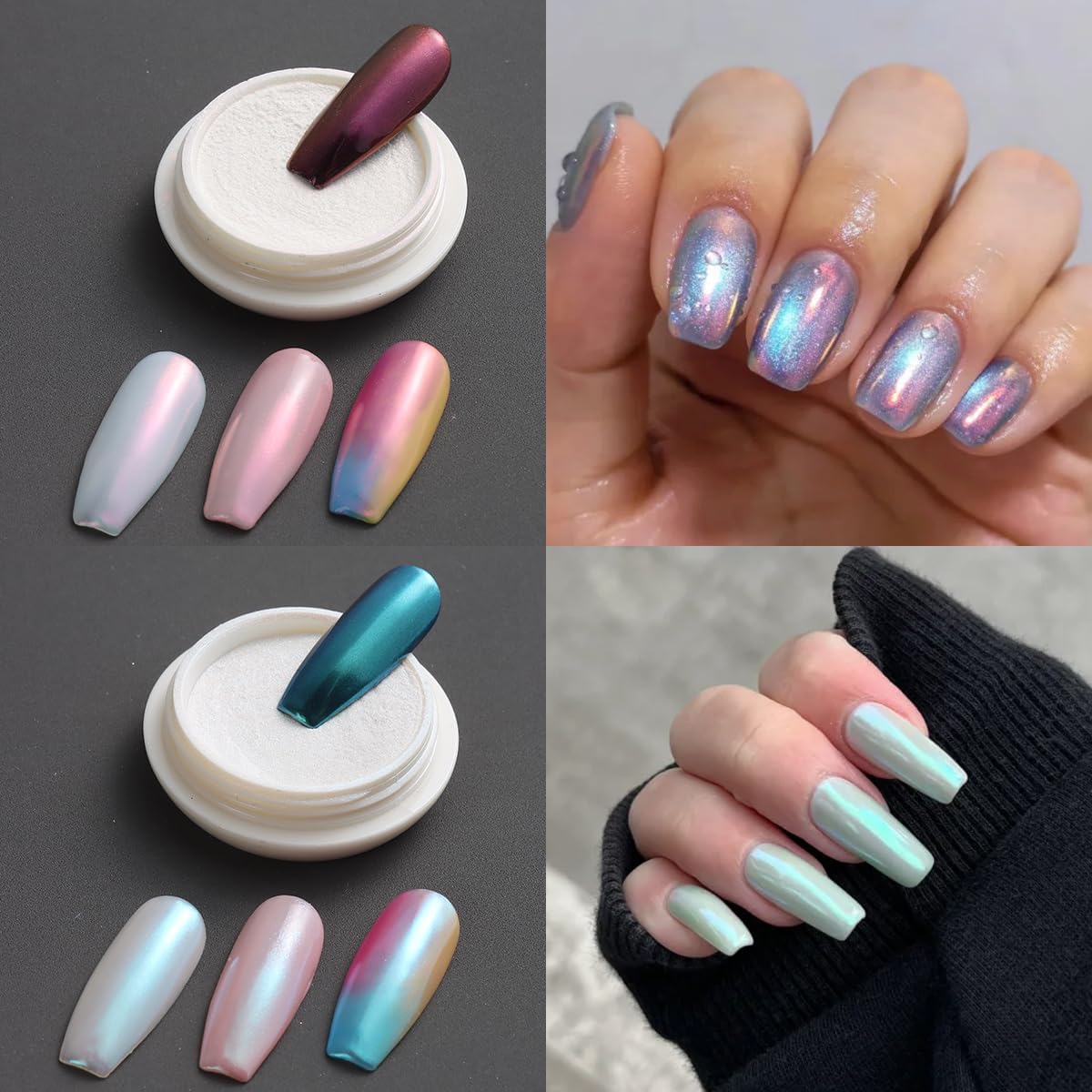 White Chrome Nail Powder - 6 Colors Pearl Chrome for Nails, Mirror Effect Metallic Rubbing Pigment Dust, Glazed Donut Nail Art Pearlescent Glitter Manicure Decor