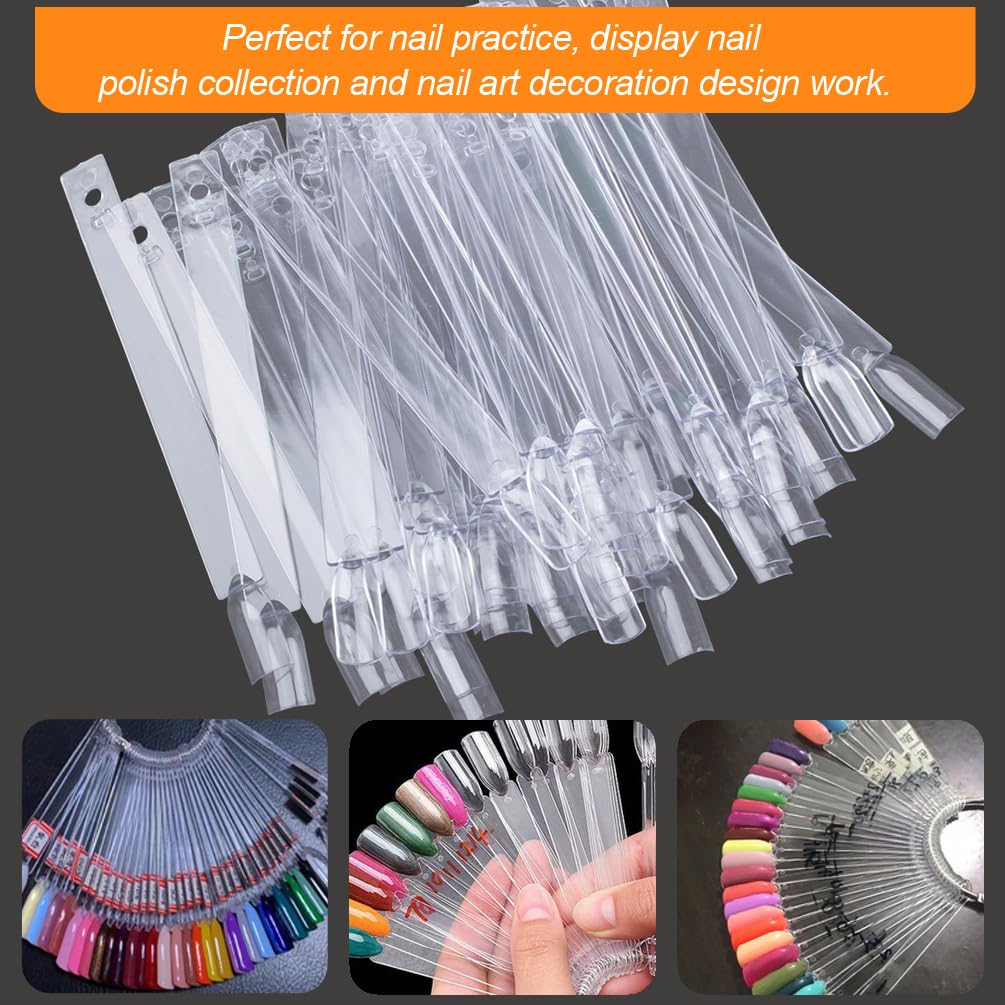 JASSINS 100 Pcs Clear Fan-shaped False Nail Swatch Sticks Nail Polish Practice Display Art Tips Nail Sample Sticks With Metal Split Ring