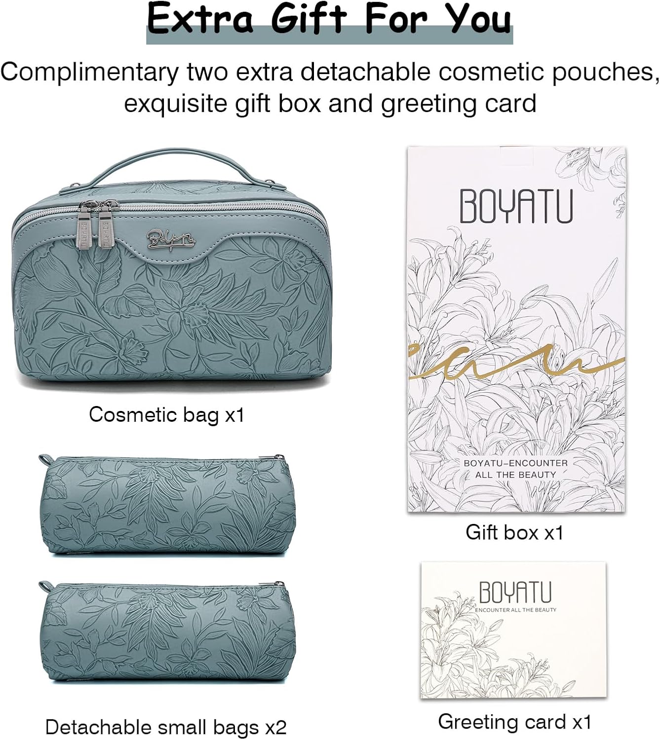 BOYATU Travel Makeup Bags Cosmetic Organizer Bag: 3-Set Large Capacity Make up Bag - PU Leather Toiletry Bags for Women - Wide Open Portable Pouch with Divider & Handle (01-Light Blue)