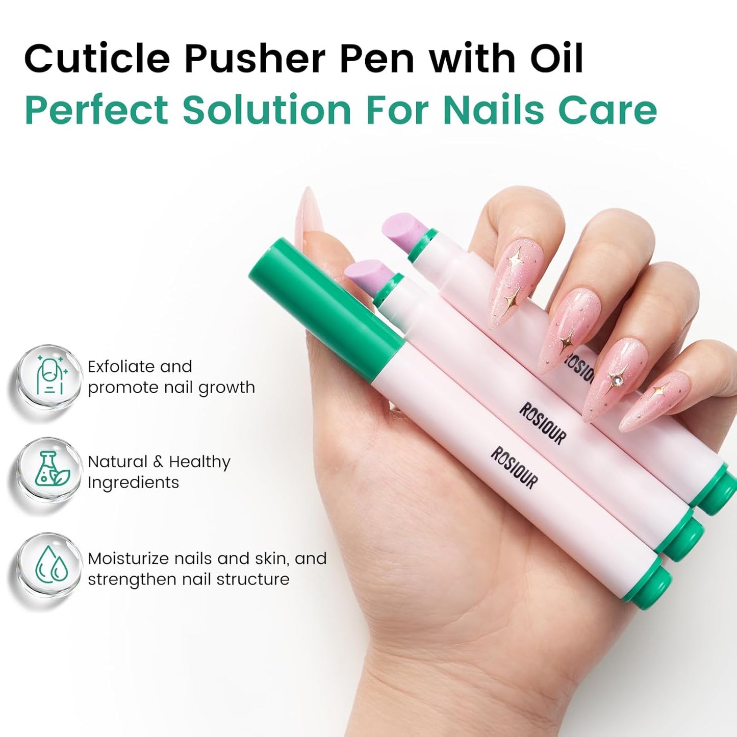 Ceramic Cuticle Oil Pusher Pen: 3-in-1 Nail Cuticle Buffer Pens for Hangnails, Dry & Damaged Nails, Moisturize Strengthen Brighten Nails Care