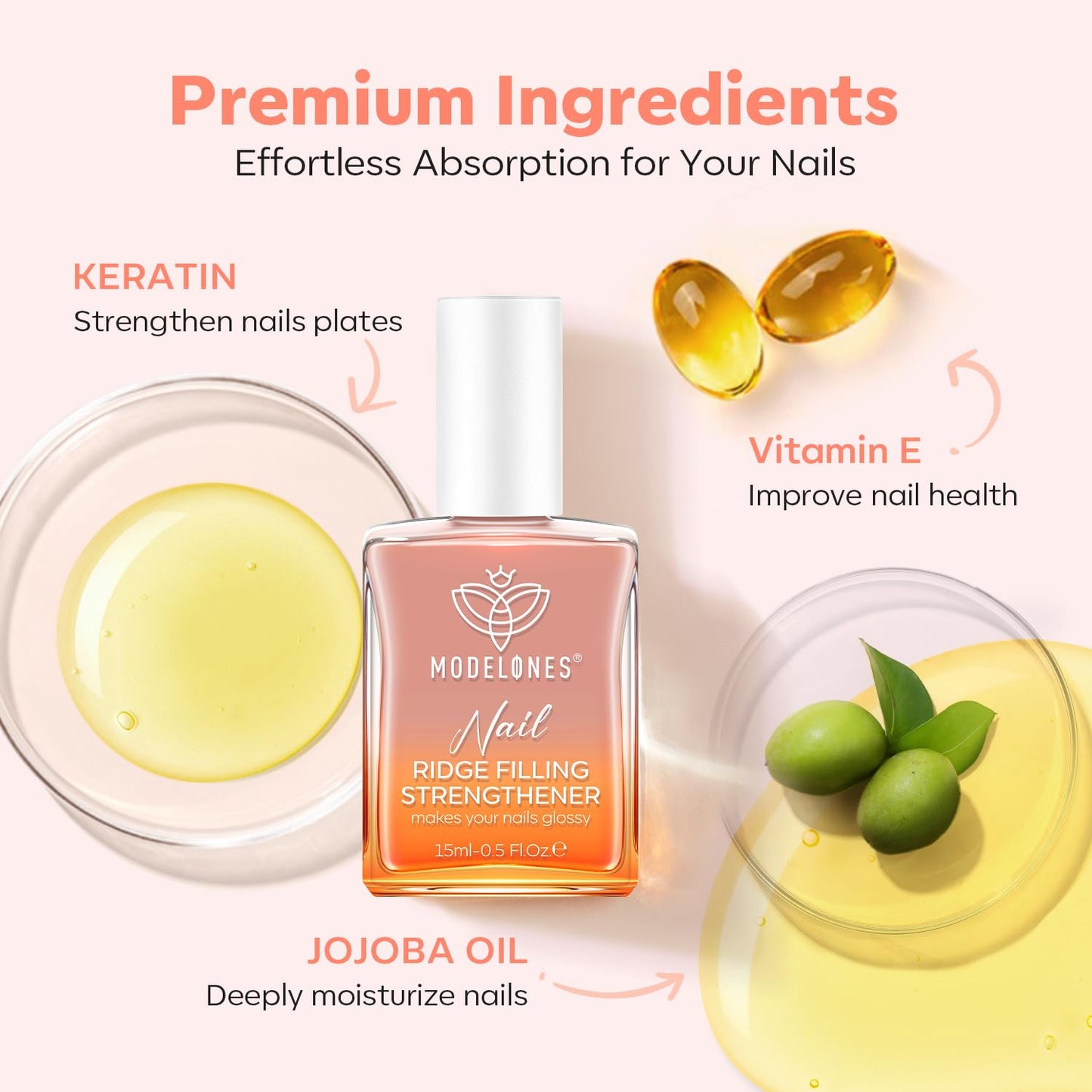 modelones Nail Strengthener and Growth Nail Hardener Extra Strong and Growth Nude Nail Polish Nail Repair for Damaged Nails Strengthening Polish Ridge Filler for Nails 15ml