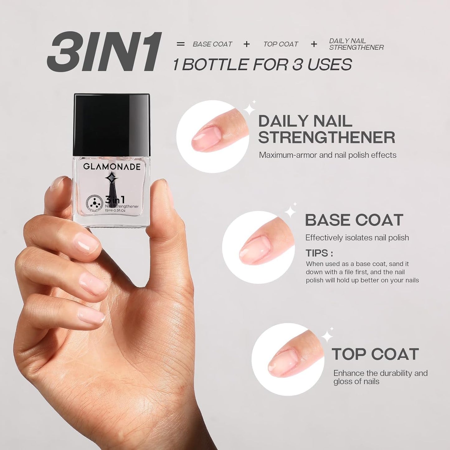Base Top Coat Nail Polish: 3 in 1 Clear Quick Dry Nail Polish Nail Strengthener and Growth Hardener for Nail Treatment Repair Damaged Nail Care 0.5 fl oz