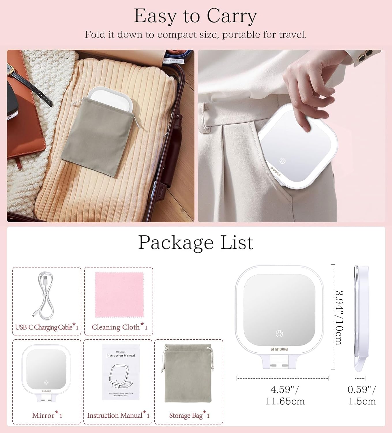 Shinowa Rechargeable Travel Makeup Mirror with 44 LED Lights, 1X/10X Magnifying Vanity Mirror with 3 Color Light, Folding Stand, 4 Inch Portable Dimmable Double Sided Compact Lighted Mirror, White