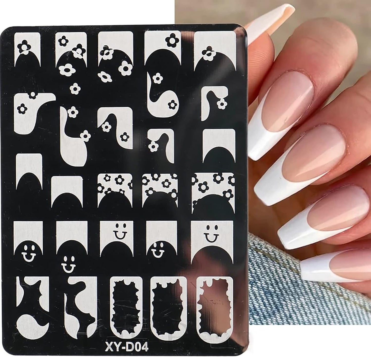 6Pcs Nail Art Stamping Templates Set with French Line Flowers Leaves Smiley Heart Design Art Stamping Kits DIY Printing Tools Fashion Art Decoration for Women and Girls