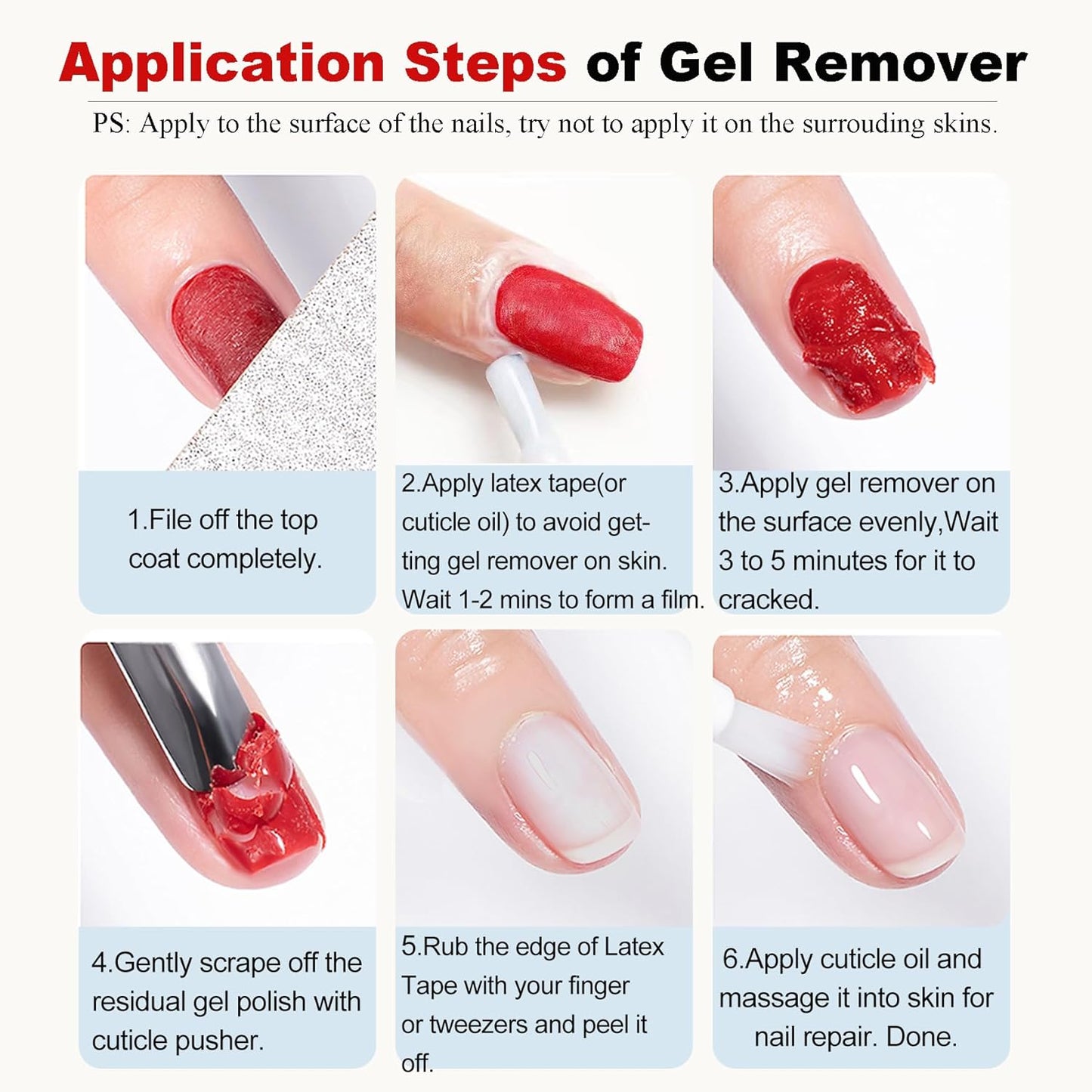 Gel Nail Polish Remover-2pcs with Nail Steel Pusher, Scraper and 2 Pieces Nail File, Quickly Remove Gel Polish in 2-5 Minutes at Home, No Need to Wrap and Soak