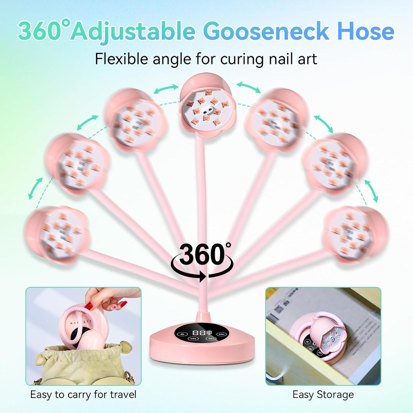 Makartt UV Nail Lamp: Flash Cure lamp UV Light for Gel Nails Polish Luminoza 30W Rechargeable LED Nail Dryer with 4 Timers & Auto Sensor Fast Curing Goosenecks Lamp for Home DIY Manicure (Pink)