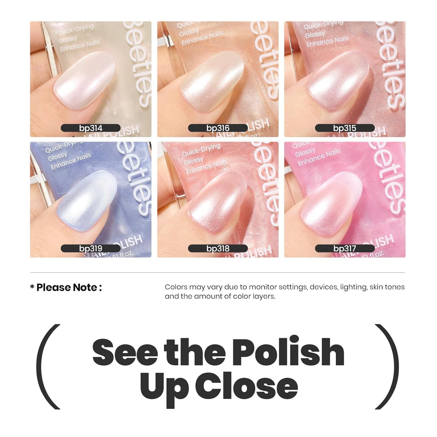 Beetles Pearl Nail Polish Set 6 Colors 15 ML Quick-drying Shimmer Glitter Pearl White Pink Blue Mermaid Nail Polish Kit, Spring Pastel Iridescent DIY Manicure Gift for Women