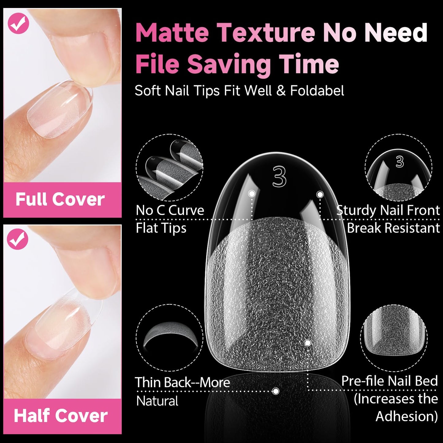 UNA GELLA Oval Gel Nail Tips, 312 Pcs Short Oval Round Nails Pre-Etched Half Matte Clear Acrylic Full Cover Press on Fake Nails No Filing Needed for DIY & Nail Extensions 12 Sizes