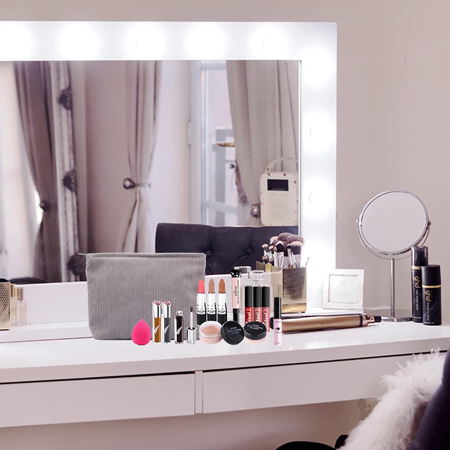 PAZIMIIK Makeup Bag Large Zipper Corduroy Make Up Pouch for Purse Travel Canvas Cosmetic Organizer for Women Brush Storage,Grey