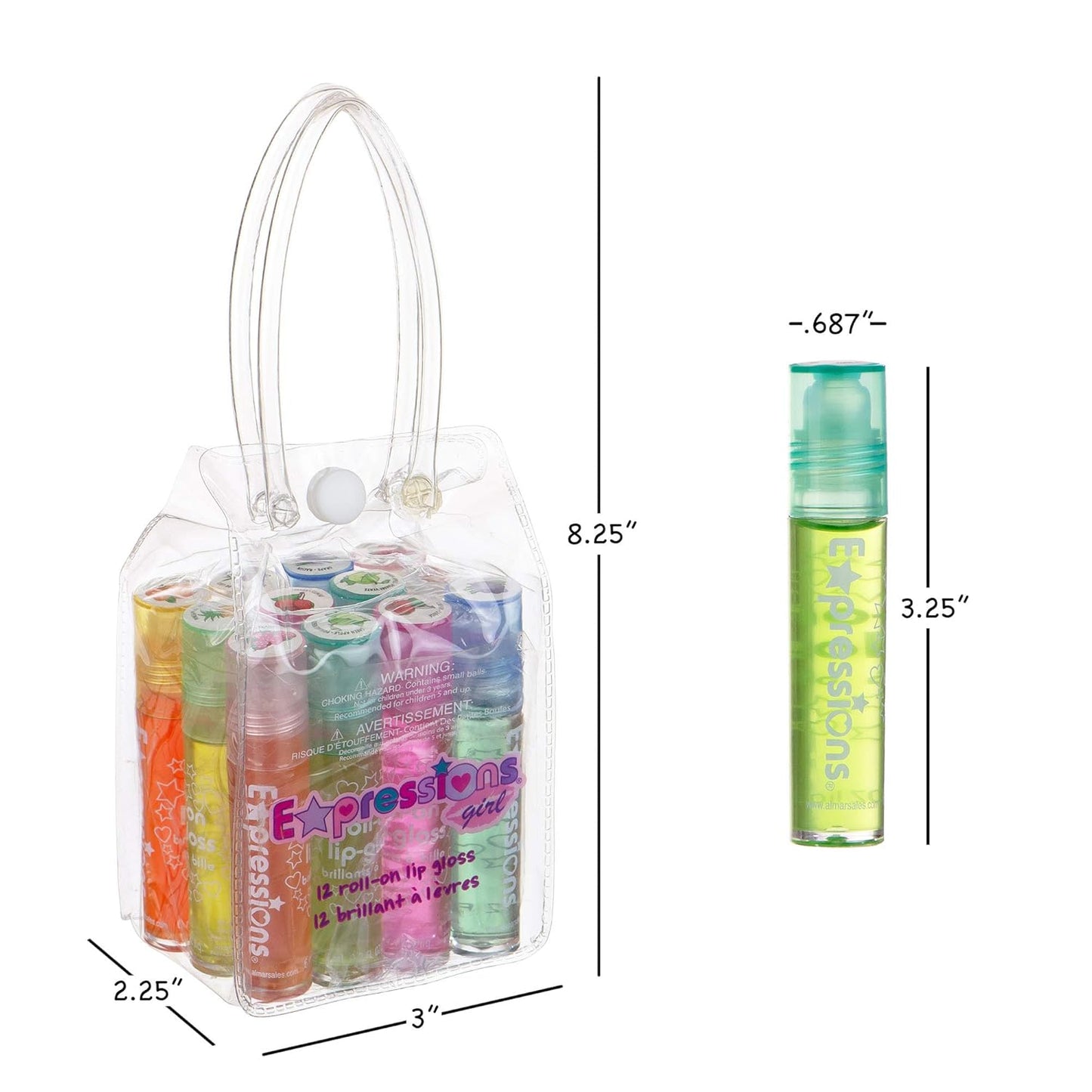 Expressions girl 12pc Roll On Lip Gloss Set with Carrying Case, Glossy Lip Make-up for Kids and Teens - Fruity Flavors, Non Toxic, Kid Friendly, Party Gift, Best Friends