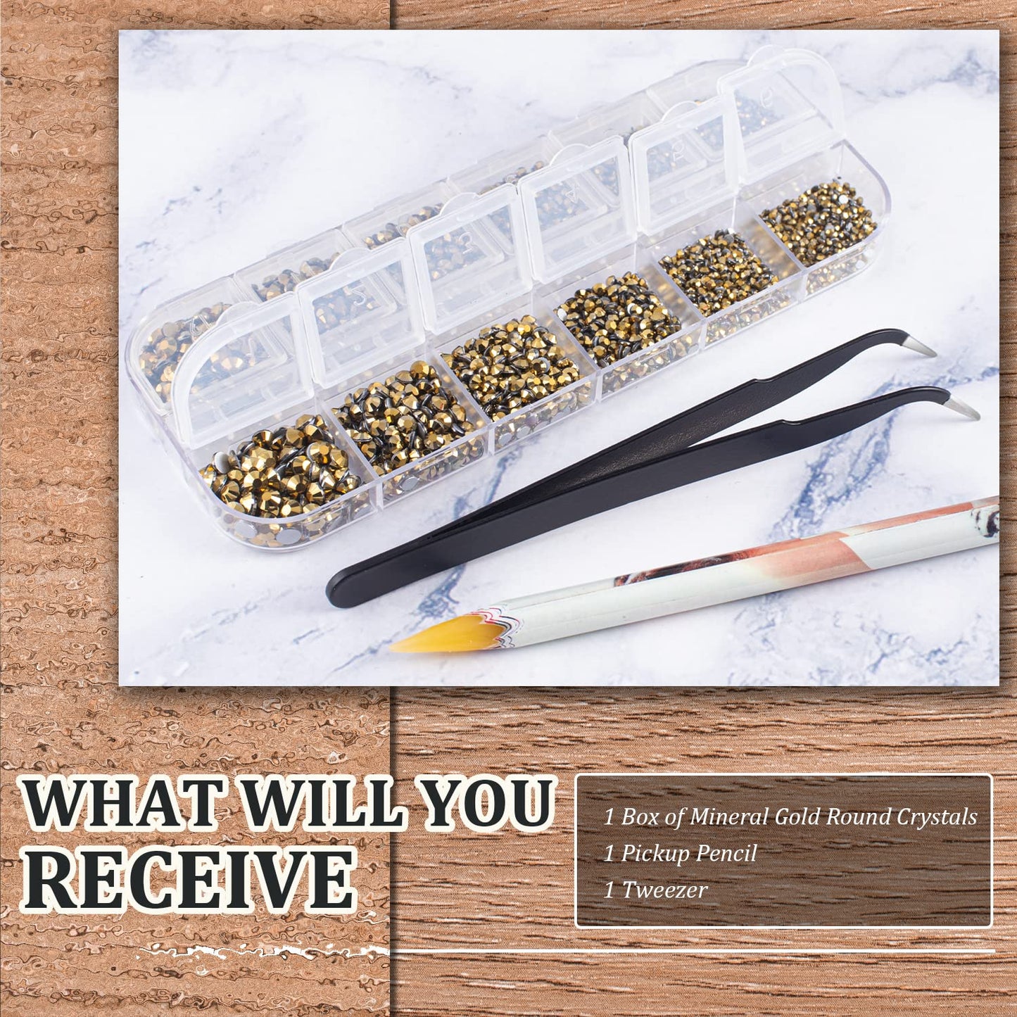 3600pcs Glass Mineral Gold Nail Rhinestones 6 Sizes(1.8/2/2.4/2.8/3/4mm) Flatback Crystal Nail Charms Jewels Decoration for Nail Art and Crafting, Tweezer and Pickup Pen included