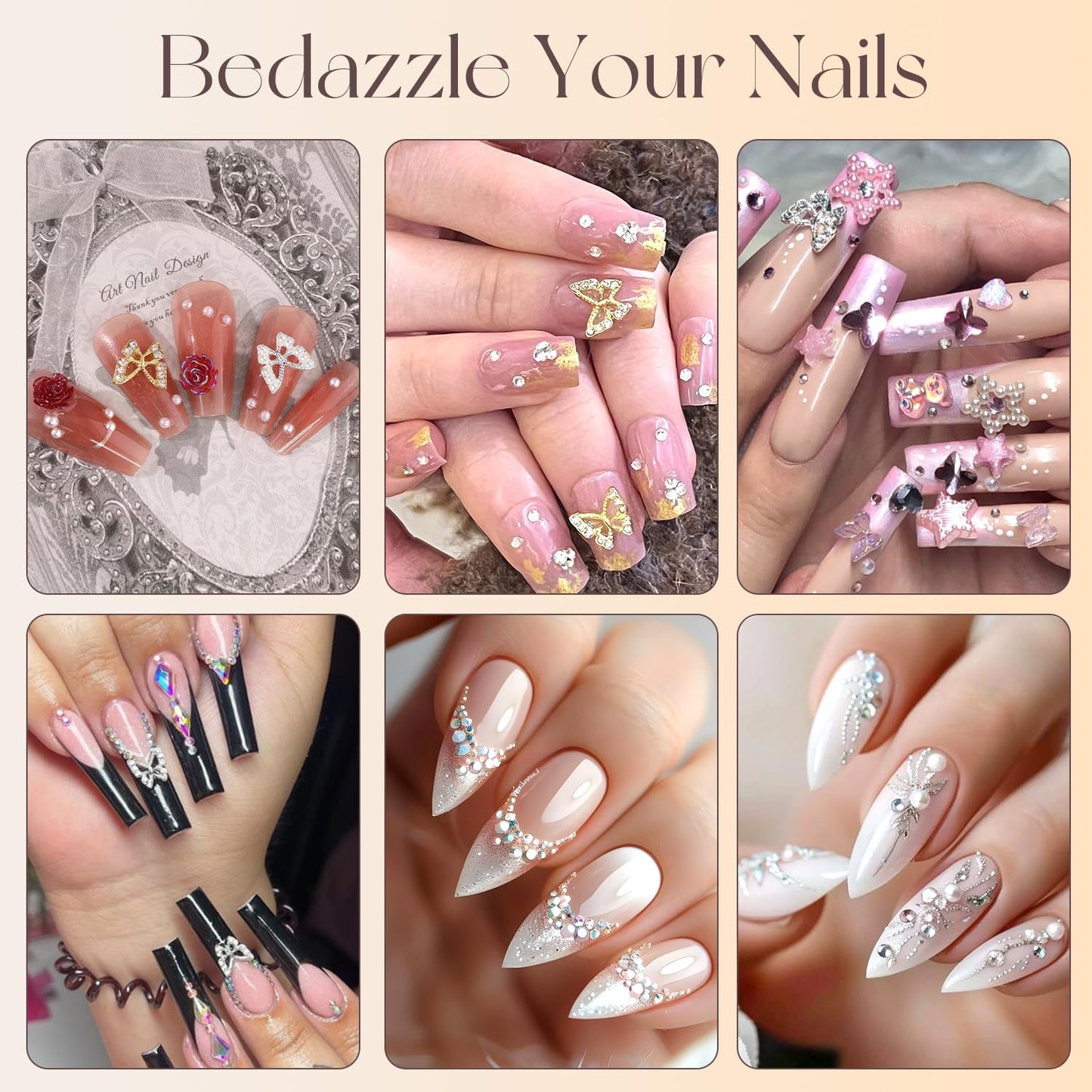 50Pcs 2 Styles 3D Butterfly Nail Charms and Flatback Gems Pearl, Silver+Gold Shiny Luxury Gems, Crystal Jewels Studs with Rhinestones for Nail Design, Nail Art Decoration Set for Acrylic Nails