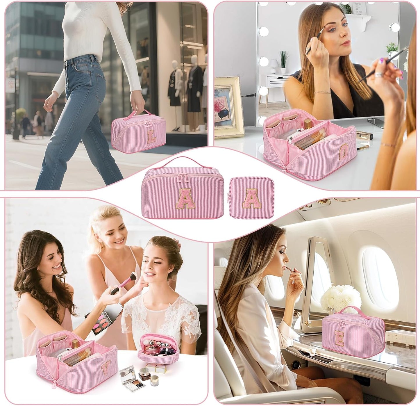 Travel Makeup Bag for Women, 2Pcs Portable Personalized Initial Makeup Organizer Bag, Open Flat Large Cosmetic Bag With Travel Essential Pouch (Pink Letter C)