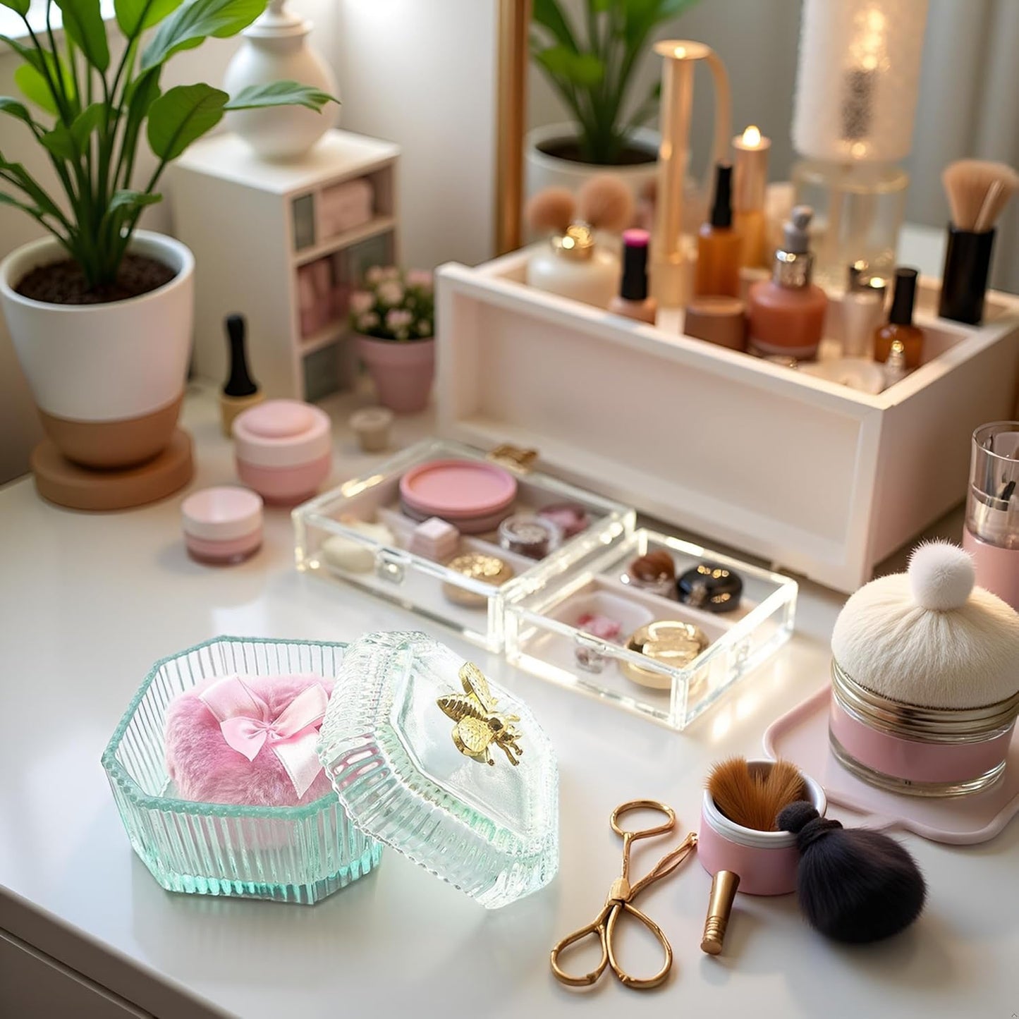 Body Powder Puff and Container - Glass Dusting Powder Container with Soft Puffs Vintage Powder Puff Case for Women & Girls (3.15x3.15x2.56 H IN) - GRB015-Light Green