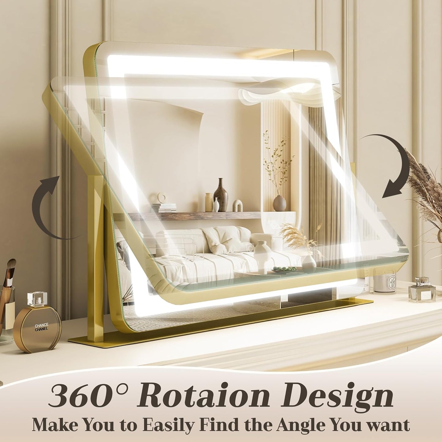 Gold Vanity Mirror with Lights - Smart Touch Dimming, 3-Color Lighting, 360° Rotatable Desktop Makeup Mirror for Desk, 22"x17"