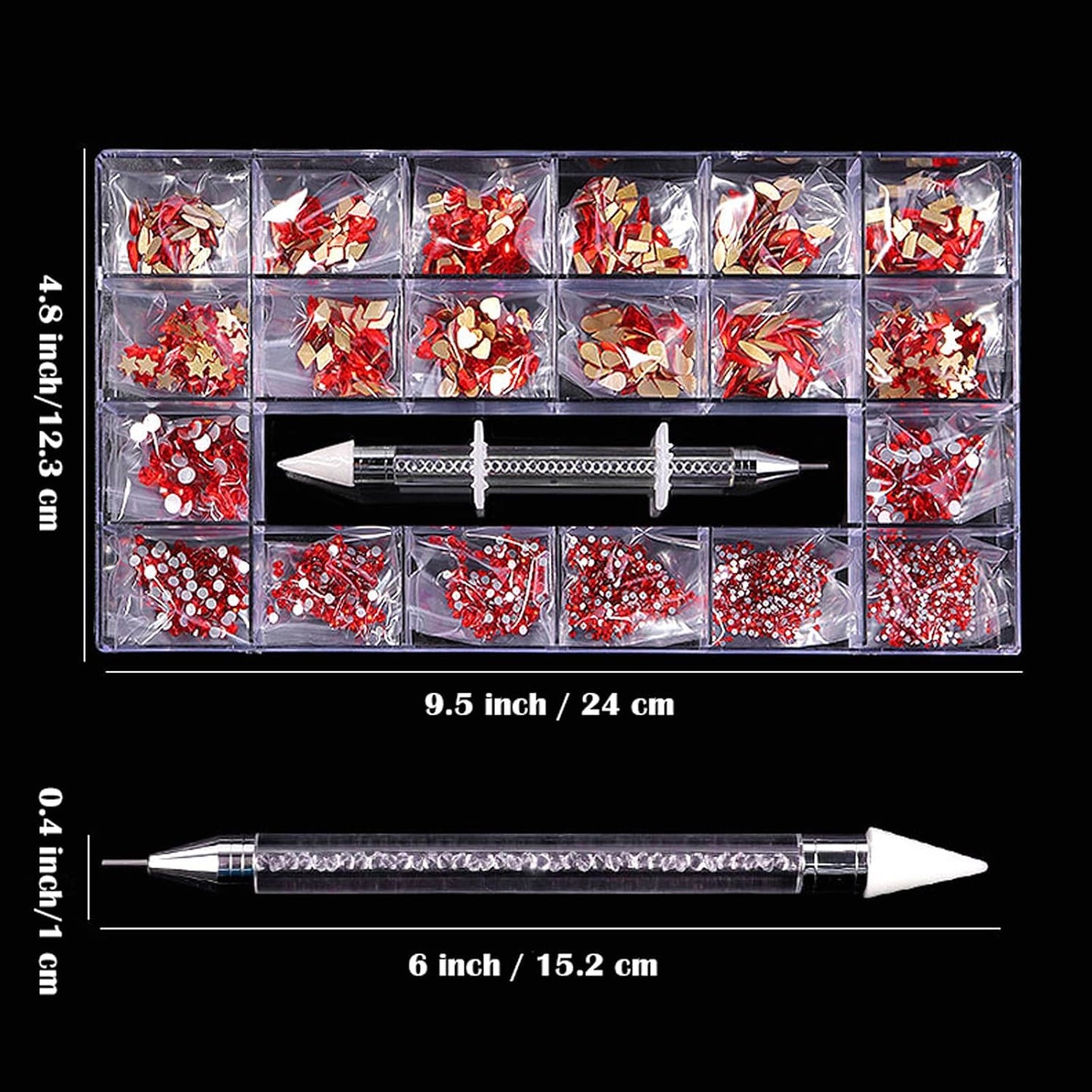 Nail Rhinestones Kit, Nail Art Decorations with Wax Pencil Flat AB Rhinestones Kit DIY Crafts Gemstones for Nail, Shoes, Clothes, Jewels (600 Red Diamonds + 2500 Flat Rhinestone)