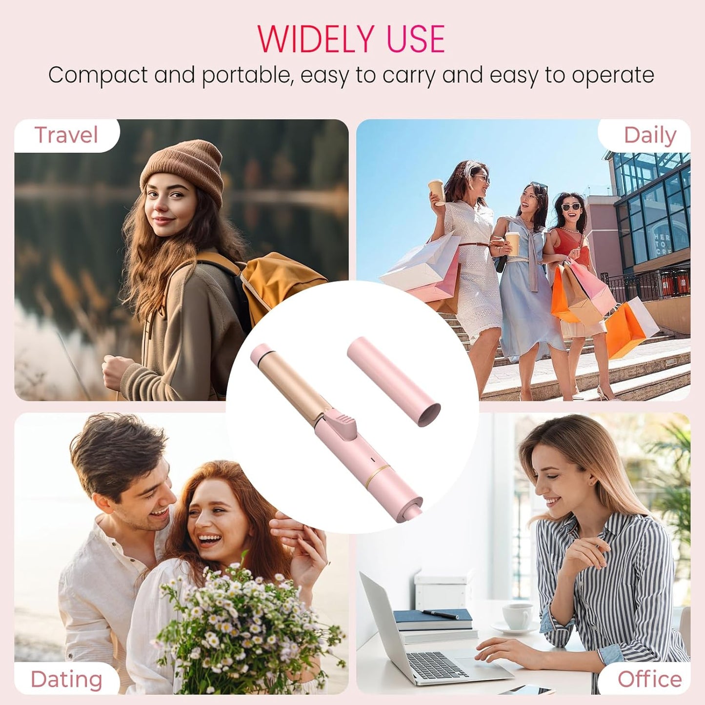 Mini Travel Curling Iron, European Travel Curling Iron Dual Voltage (100V-240V) Mini Size for Short Hair 1 inch, Portable Hair Curler with 30s Fast Heating Constant 180° for International (Pink)