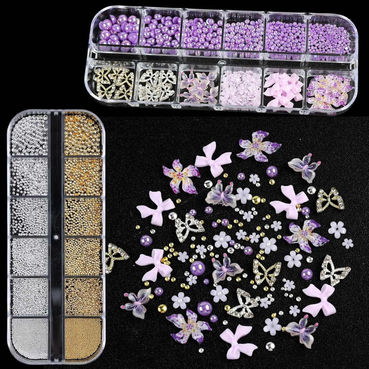 Nail Art Charms with Rhinestones Glue Gel Purple Flatback Pearls Flower Butterfly Nail Gems Supplies Accessories Gold Silver Nails Pearls for Women Nails Design Decoration