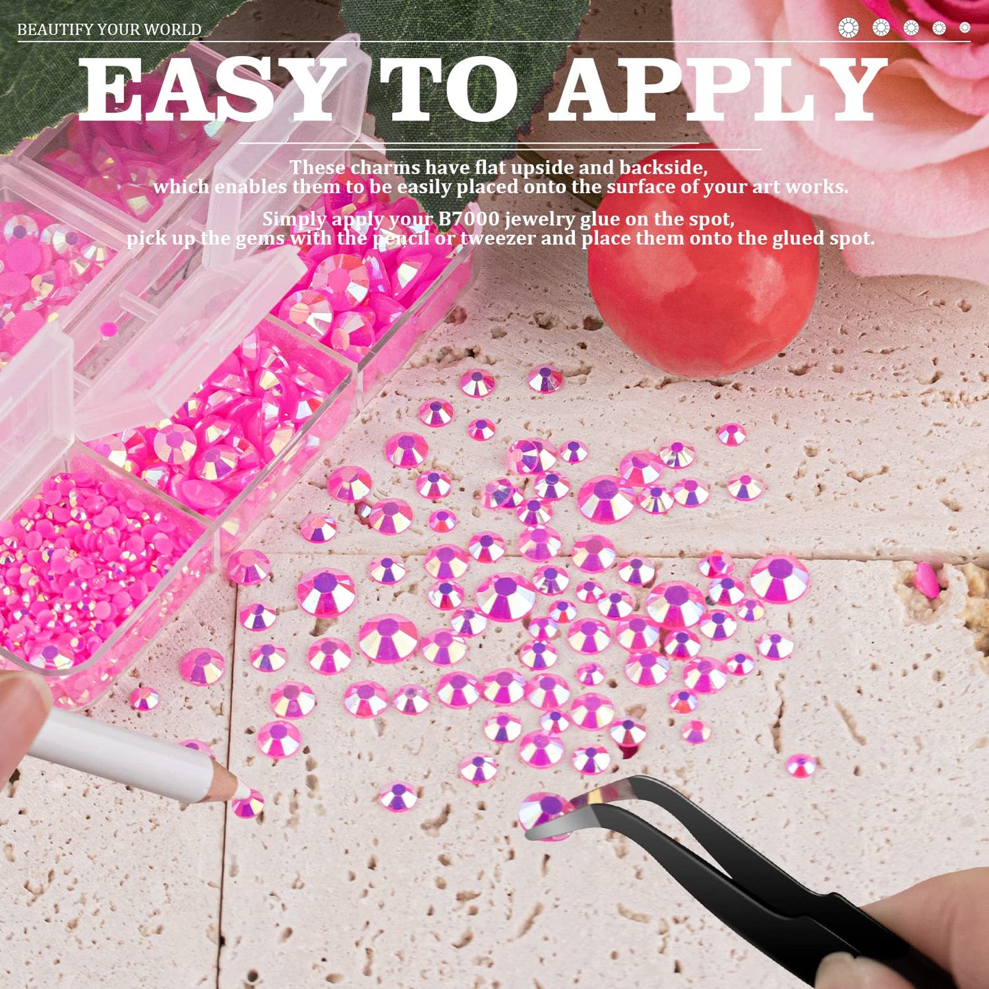 Resin Rhinestones Crafting, 2/3/4/5/6mm Flatback Jelly Rhinestones, 3 Box Hot Pink AB Non Hotfix Crystal Gems for Bedazzling Crafts Mugs Tumblers Clothes Makeup Nail