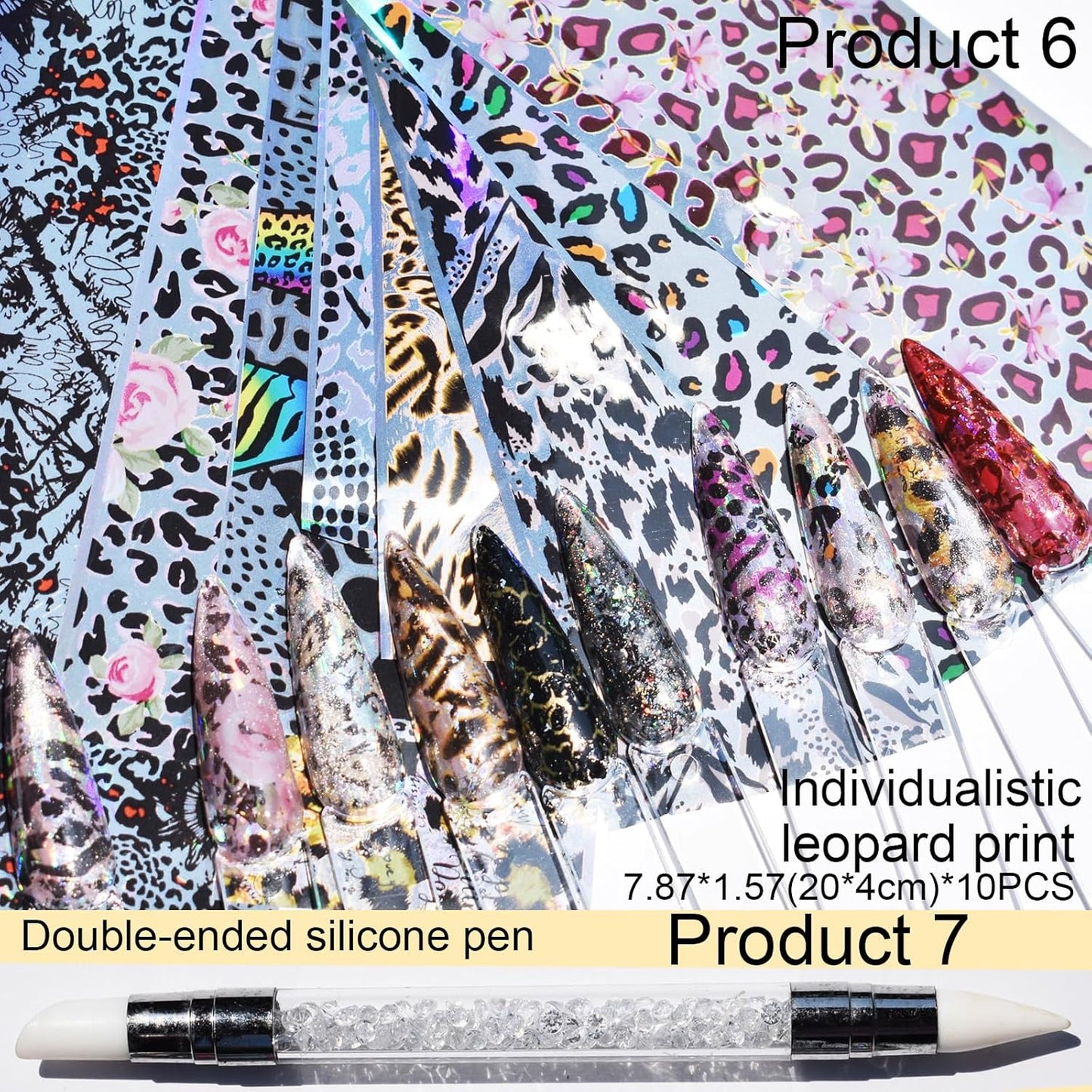 Nail Art Transfer Foils, 60 Pieces, Mixed Designs - Dried Flowers, Iridescent, Animal Print, Marble, Checkered Patterns, 1 Pcs Nail Art Engraving Pen Silicone Pen 7.87 x 1.57 inches(60)