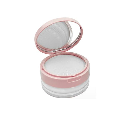 Loose Powder Cocntainer No Leaks Empty Reusable Plastic Loose Powder Compact Container Makeup Powder Case with Sponge Powder Puff,Elasticated Net Sifter and Pink Threaded Screw Lid