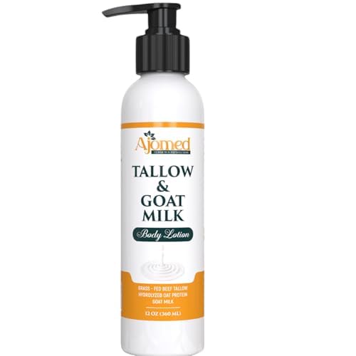 Grass Fed Beef Tallow & Goat Milk Body Lotion for Sensitive Skin, Organic Tallow moisturizer- Soothes Dry Patches, Goat Milk Moisturizer - Handmade Tallow Body Lotion (Oatmeal & Honey, 12 Oz)