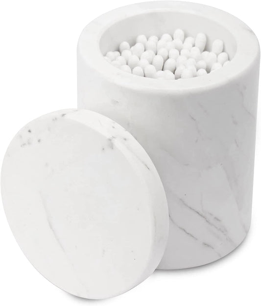 WORHE Marble Canister with Lid Natural Qtip Holder for Cotton Swabs, Balls, Pads, Floss Picks, Bath Salts - Vanity Makeup Storage Organizer Bathroom Essentials Accessories Decor White (DL011)
