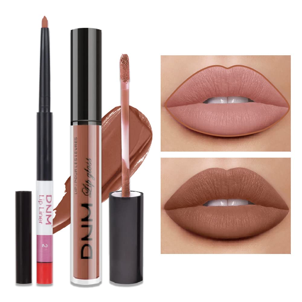 evpct 2Pcs Medium Brown Beige Lip Liner and Matte Lipstick Makeup Sets Vegan Lipstick Lip Liner and Gloss Set Long Lasting Waterproof labiales mate 24 horas originales matte larga duracion 24 25#