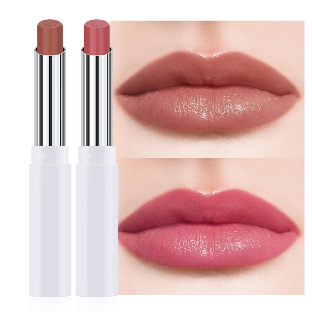 2Pcs Tinted Lip Balm Moisturizing Lipstick,Waterproof Hydrating Matte Lip Balm for Women,Creamy Natural Color Stain for Dry Lips,Soft Matte Finish (9# Charming Peach Pink & 3# Bean Paste Brown)