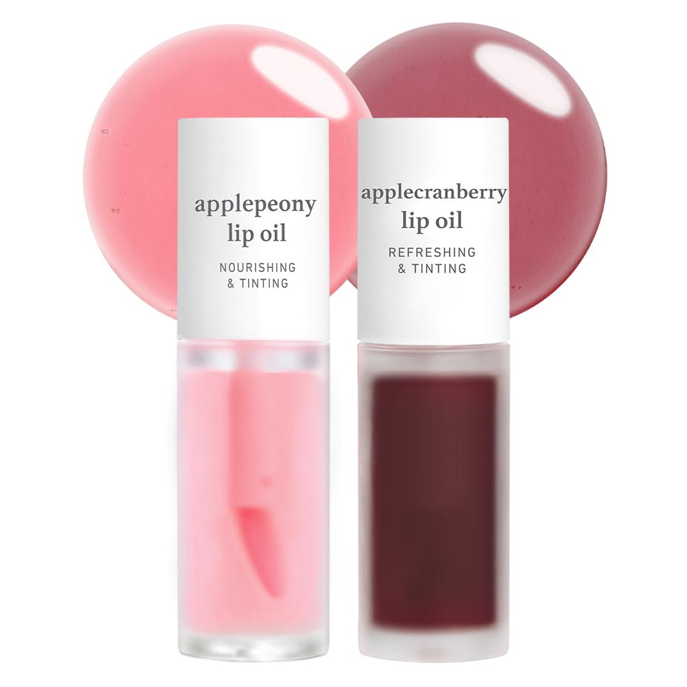 NOONI Korean Vegan Lip Oil - Applepeony, 0.12 Fl Oz + Korean Lip Oil - Applecranberry, 0.12 Fl Oz Bundle