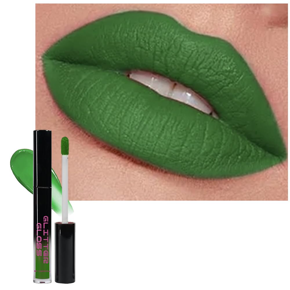 Green Metallic Lipstick for Women,Matte Sparkling Liquid Lipstick,Long Lasting Waterproof Lightweight Comfortable Non-Drying Bold Dark Lip Gloss for Gothic Stage Makeup,Cruelty Free