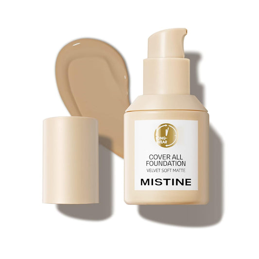 MISTINE Full Coverage Foundation Makeup for Oily Skin,24 Hour Oil Control Liquid Foundation,Skin-Caring,Moisturizing Formula,Cream Foundation,Matte Finish,Natural Beige,1 Fl Oz