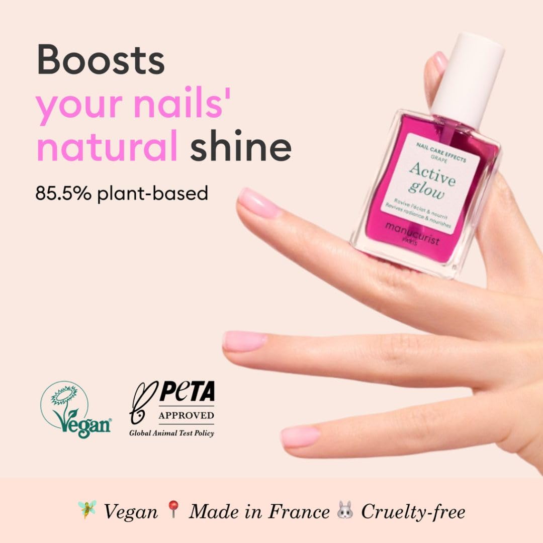 Manucurist Active Glow Grape All-in-One Perfecter Nail Polish & Care - No Lamp - Vegan & Made in France Ultra-Glowy Lilac Mirror-Like Shine - Nail Concealer & Care - Plant-Based Ingredients