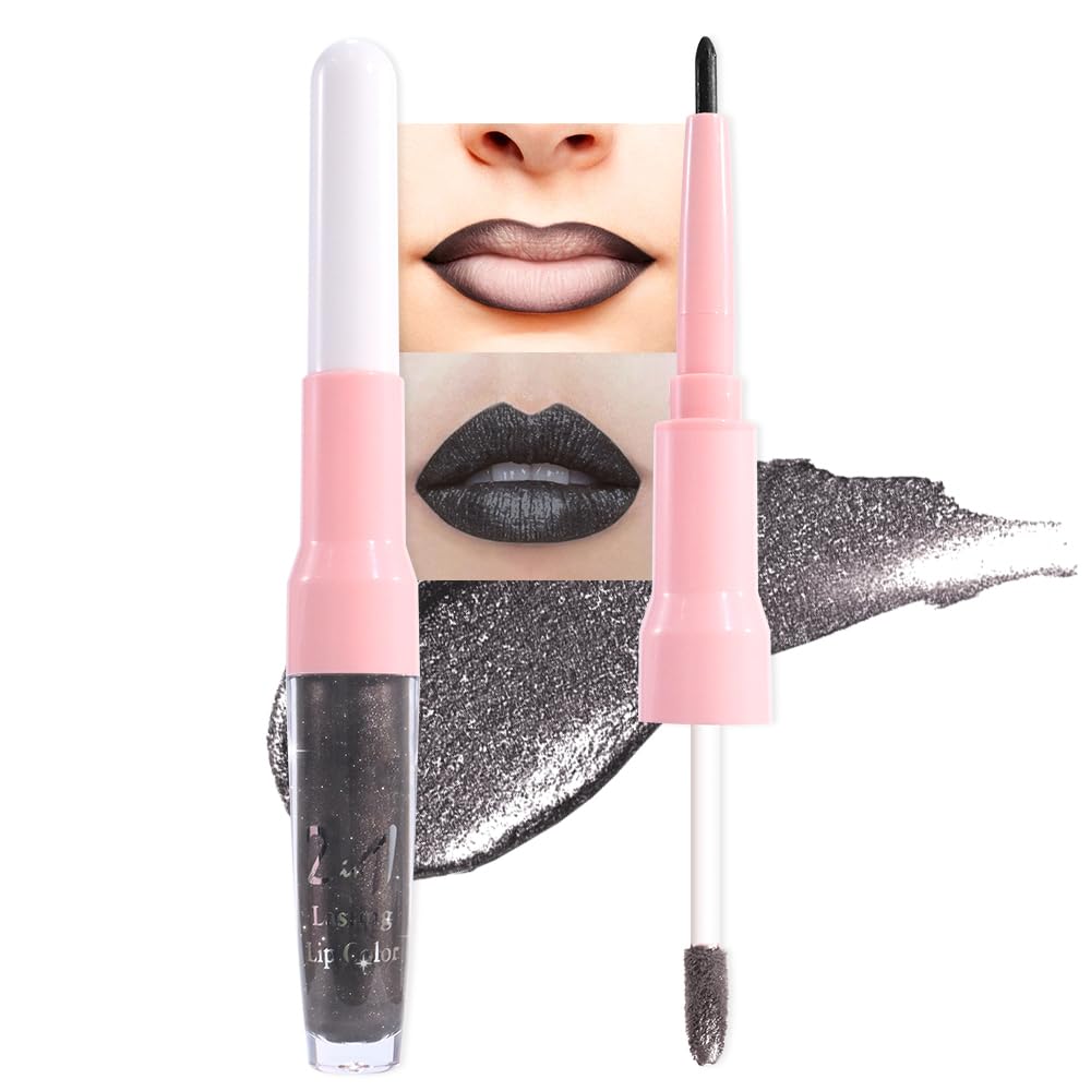 evpct Black Metallic Glitter Lip Liner and Lipstick Combo Lip Gloss Stain Set Makeup for Women Long Lasting Waterproof 24, Goth Gothic Halloween Metallic Shimmer Frosted Iridescent Liquid Lipstick 17