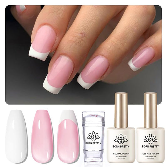 Born Pretty French Manicure Kit, Nail Stamper and 2Pcs Gel Nail Polish, Include Jelly Sheer Pink White Colors for French Tip, U V Light Cure