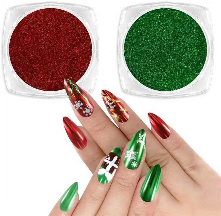 Allstarry Chrome Nail Powder - 2 Colors Red & Green Metallic Effect Mirror Glitter Powder Pigment Sparkling Holographic Manicure Magic Glitter Dust Kit for Christmas Nail Decoration
