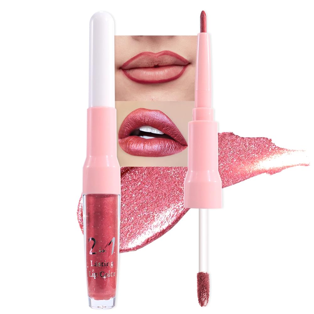 evpct Mauve Red Metallic Glitter Lip Liner and Lipstick Combo Lip Gloss Stain Set Makeup for Women Long Lasting Waterproof 24, Red Metallic Shimmer Frosted Iridescent Glossy Liquid Lipstick 13