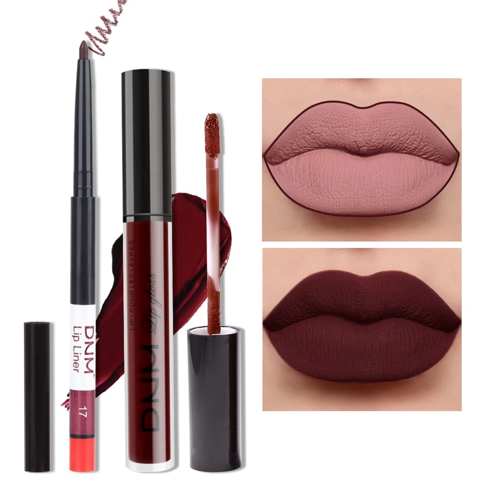 evpct 2Pcs Dark Deep Burgundy Red Matte Lipstick and Lip Liner Makeup Set for Women Dark Blood Red Liquid Matte Brown Lipstick Lip Liner Stain long lasting waterproof Permanent Lipsticks 24 hours 17#
