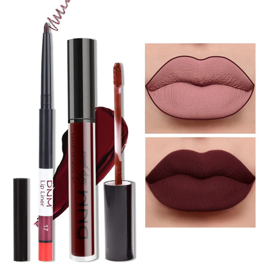 evpct 2Pcs Dark Deep Burgundy Red Matte Lipstick and Lip Liner Makeup Set for Women Dark Blood Red Liquid Matte Brown Lipstick Lip Liner Stain long lasting waterproof Permanent Lipsticks 24 hours 17#