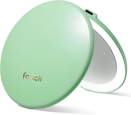 Fancii Taylor LED Lighted Compact Makeup Mirror, Rechargeable, 10x /1x Magnifying, 3 Light Settings, XL Large 5” Wide | Travel Mirror for Purses (Mint Green)