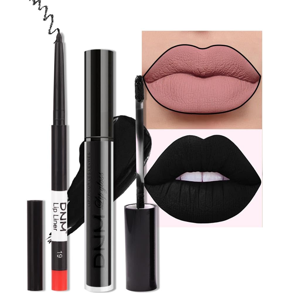 evpct 2Pcs Black Matte Liquid Lipstick and Lip Liner Gloss Stain Pencil Makeup Set Long Lasting Dark Matte Lipstick 24H and with Lip Liner Set for Black women labiales mate 24 horas originales 19#