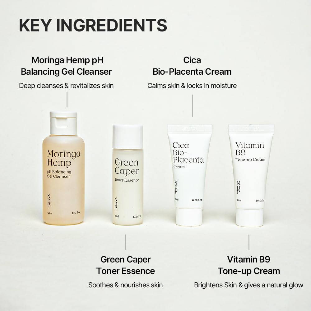 Travel Kit - Mini Travel Size Skincare Essentials - Moringa Hemp Gel Cleanser, Green Caper Toner Essence, Cica Bio-Placenta Cream, B9 Tone-Up Cream (4 items)