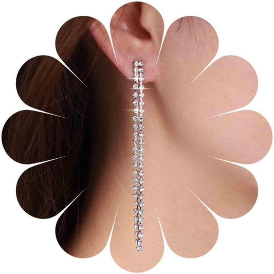 Vintage Rhinestone Chandelier Drop Earrings Long Crystal Chain Earrings Silver Tennis Chain Tassel Earrings Shine Cz Dangle Earrings Jewelry for Women